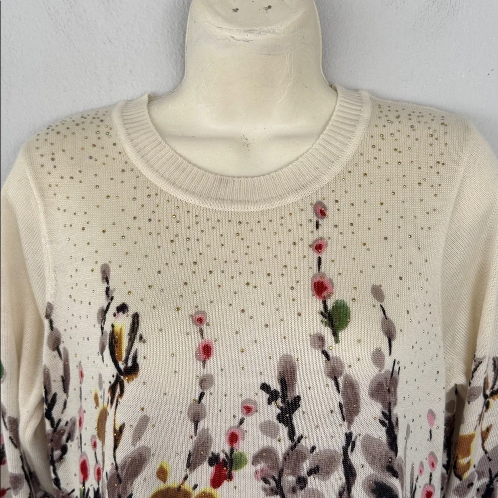 Vintage CD Petites cream red floral print rhinestone stud sweater size medium